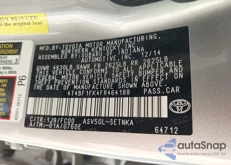 2015 Toyota Camry Le from USA, damaged, VIN 4T4BF1FK4FR464188